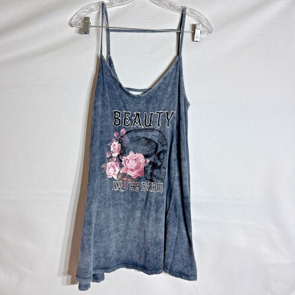 Atmosphere Distressed Denim Blue Skull Roses Print Exposed Back Tank Top Size 6
